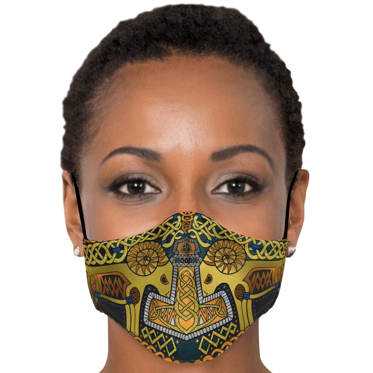 Tanngrisnir and Tanngnjóstr with Mjolnir Gold Viking Face Mask Cover