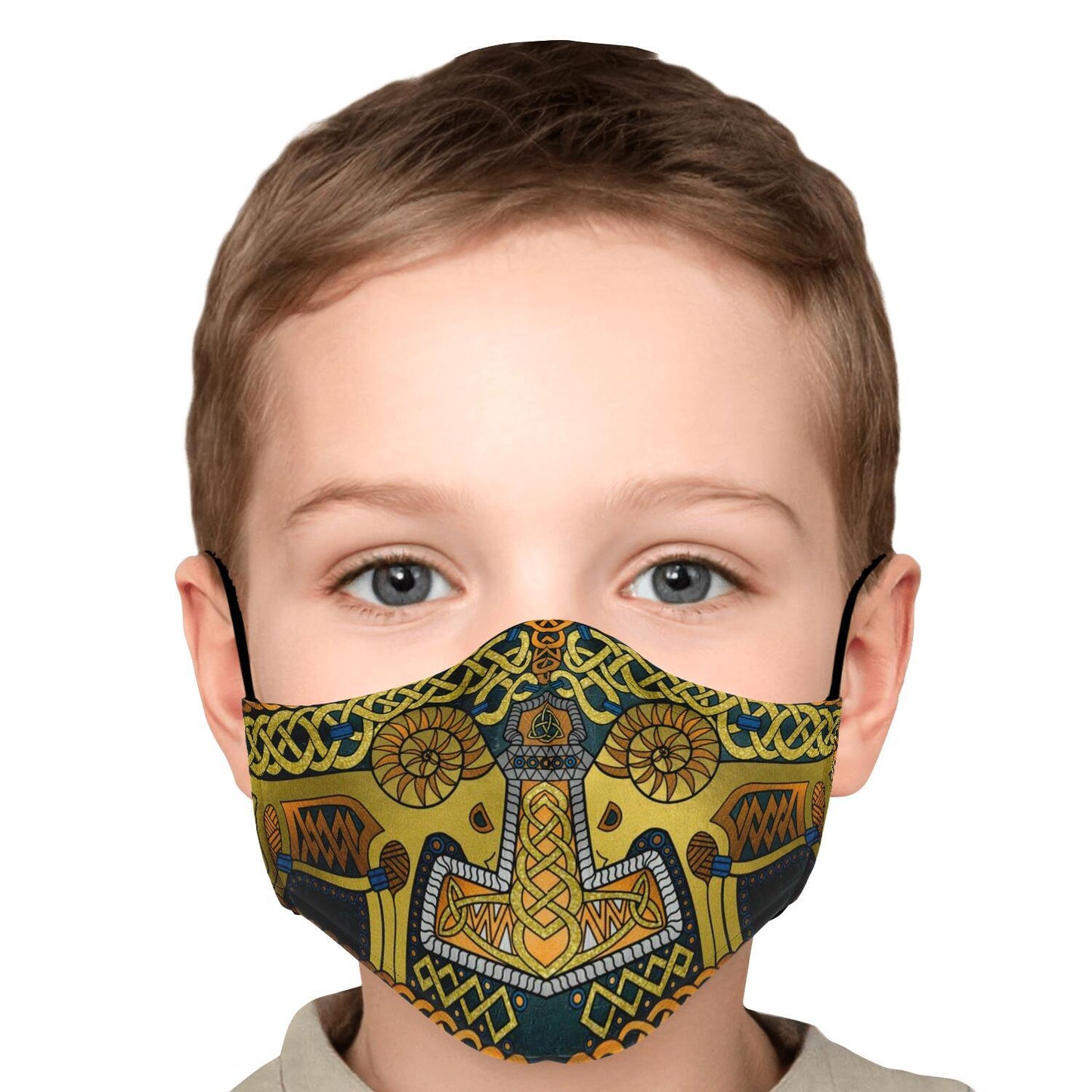 Tanngrisnir and Tanngnjóstr with Mjolnir Gold Viking Face Mask Cover