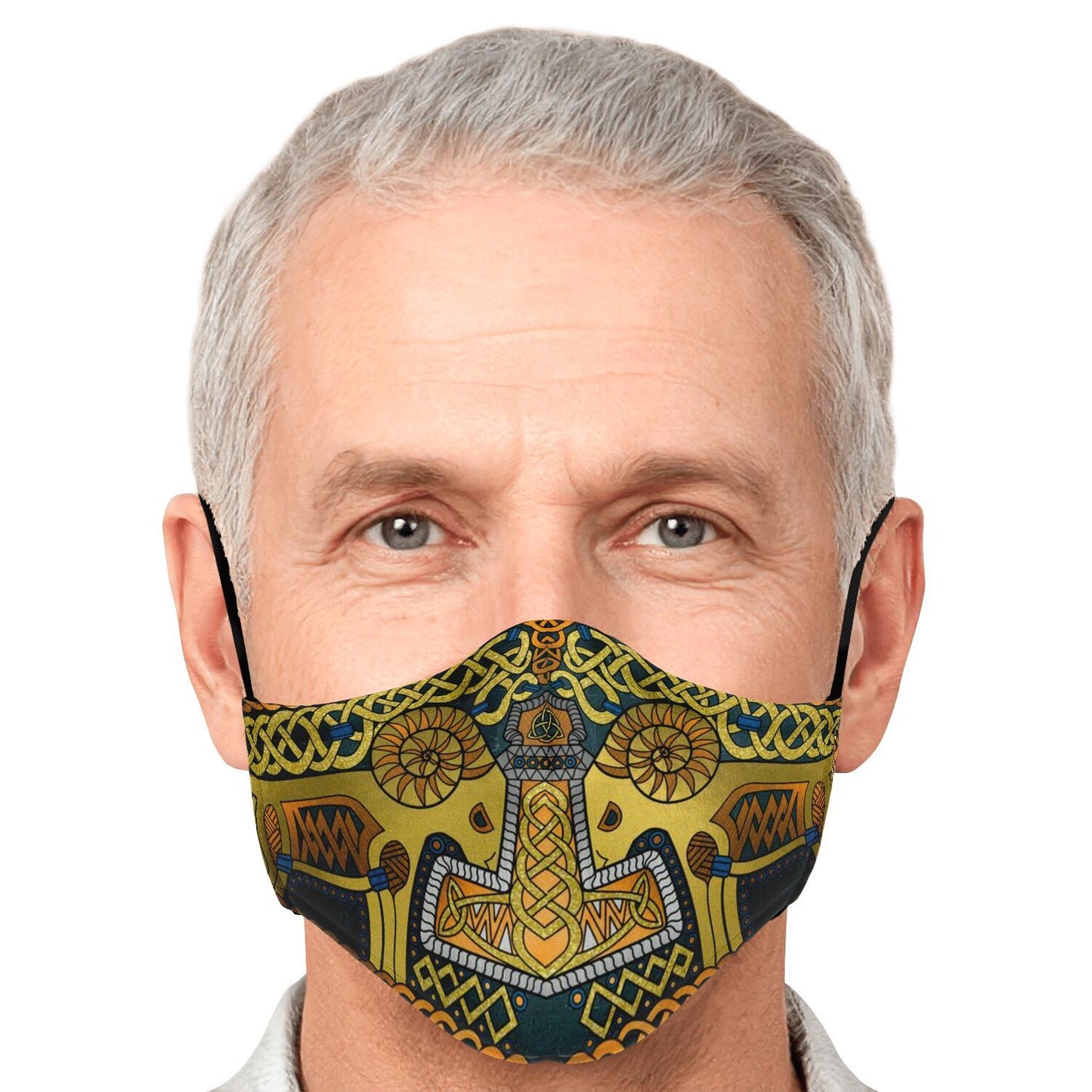 Tanngrisnir and Tanngnjóstr with Mjolnir Gold Viking Face Mask Cover