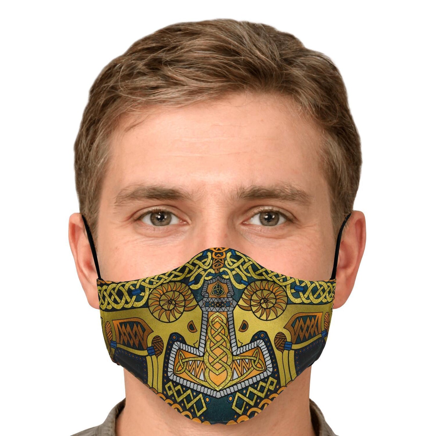 Tanngrisnir and Tanngnjóstr with Mjolnir Gold Viking Face Mask Cover