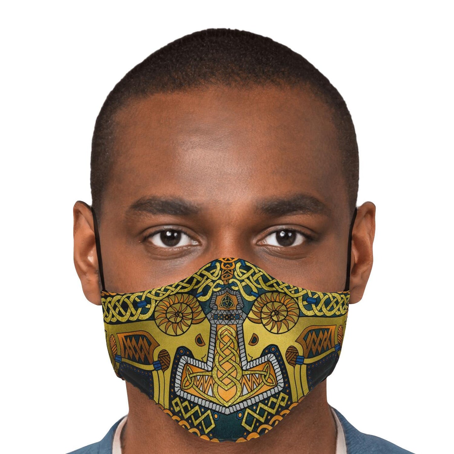 Tanngrisnir and Tanngnjóstr with Mjolnir Gold Viking Face Mask Cover