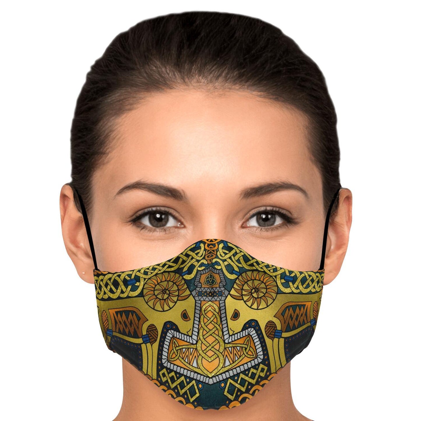 Tanngrisnir and Tanngnjóstr with Mjolnir Gold Viking Face Mask Cover
