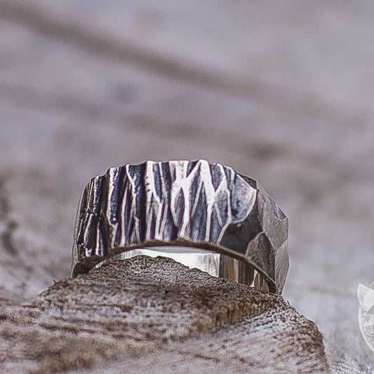 Texture Wood and Stone 925 Sterling Silver Viking Ring - VikingsBrand