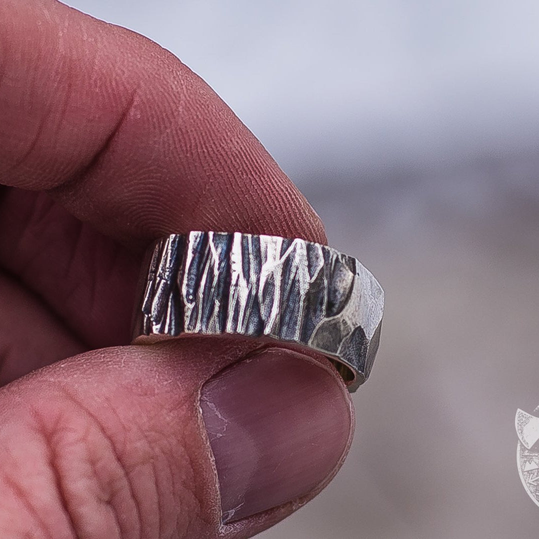 Texture Wood and Stone 925 Sterling Silver Viking Ring - VikingsBrand