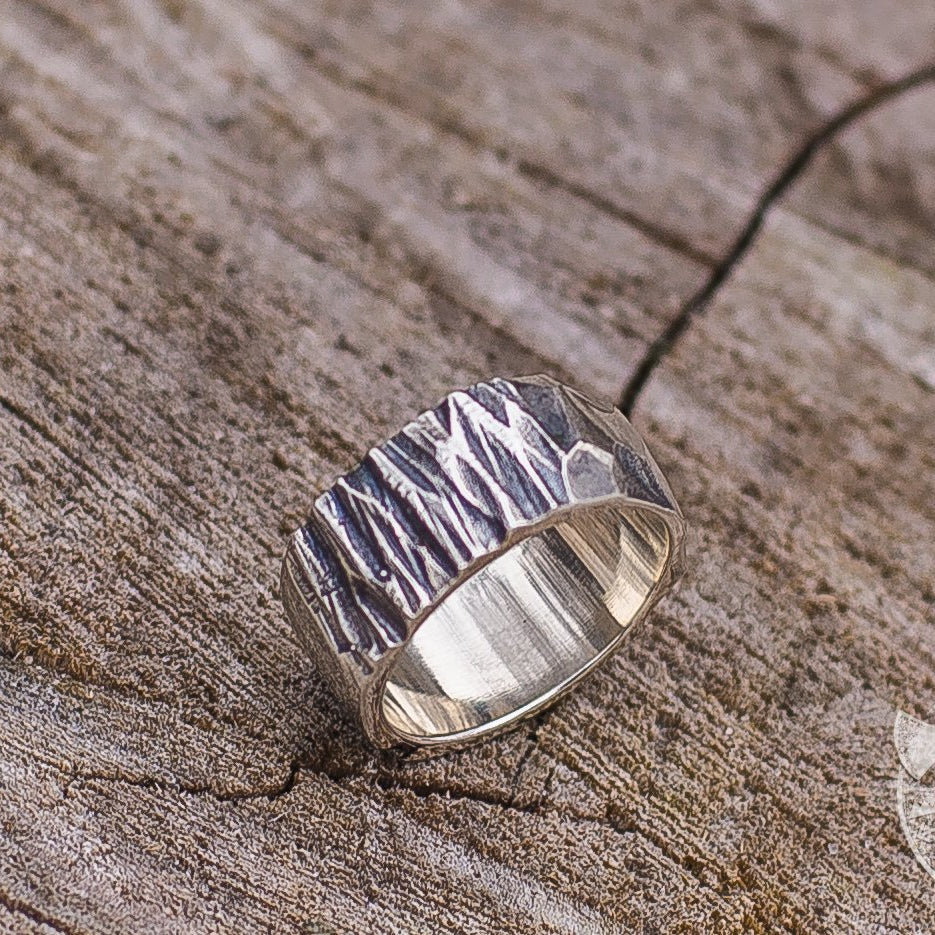 Texture Wood and Stone 925 Sterling Silver Viking Ring - VikingsBrand