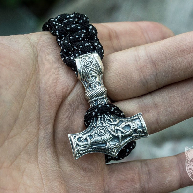 Thors Hammer Black Paracord 925 Sterling Silver Bracelet - VikingsBrand