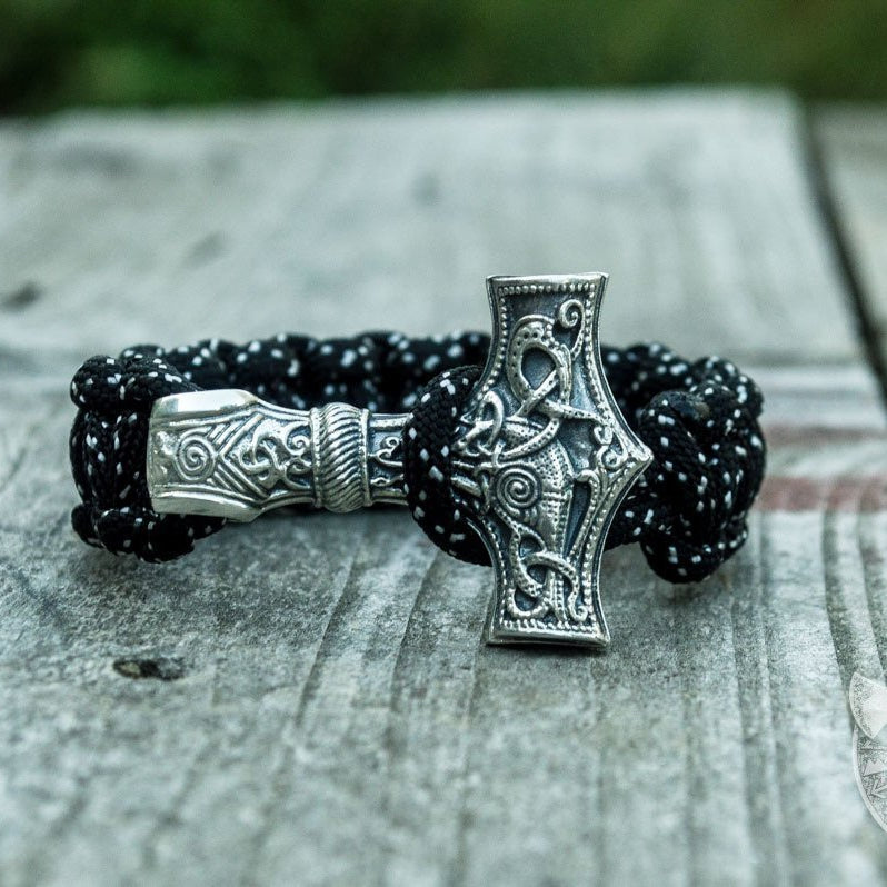 Thors Hammer Black Paracord 925 Sterling Silver Bracelet - VikingsBrand