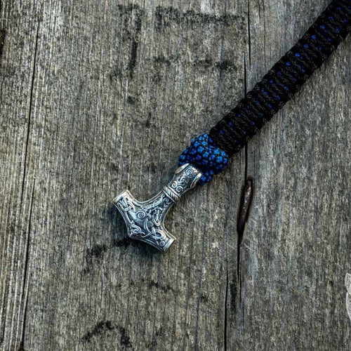 925 sterling silver Thor's Hammer bracelet, blue and black paracord