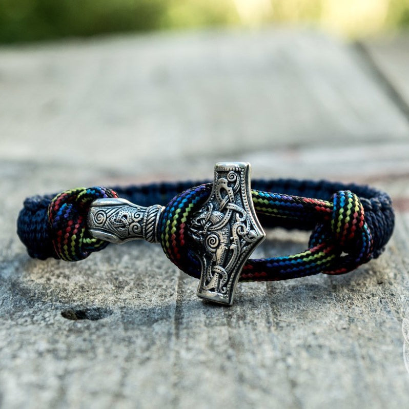 Armband mit Thors Hammer aus 925er Sterlingsilber, Paracord in Blau und Bunt – Ansicht 6
