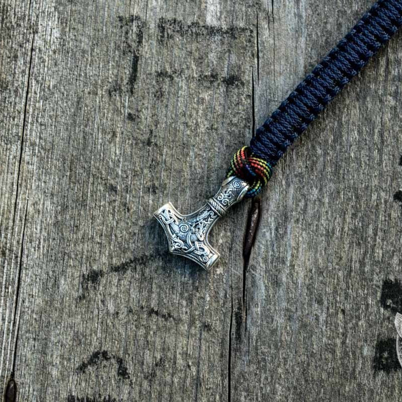 Armband mit Thors Hammer aus 925er Sterlingsilber, Paracord in Blau und Bunt – Ansicht 4