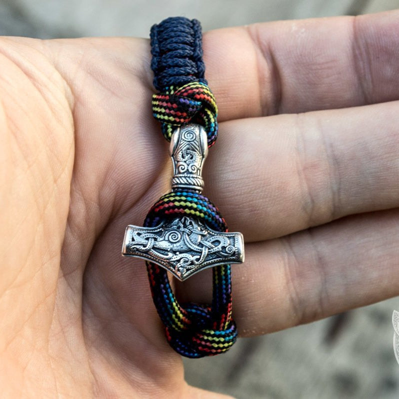 Armband mit Thors Hammer aus 925er Sterlingsilber, Paracord in Blau und Bunt – Ansicht 5
