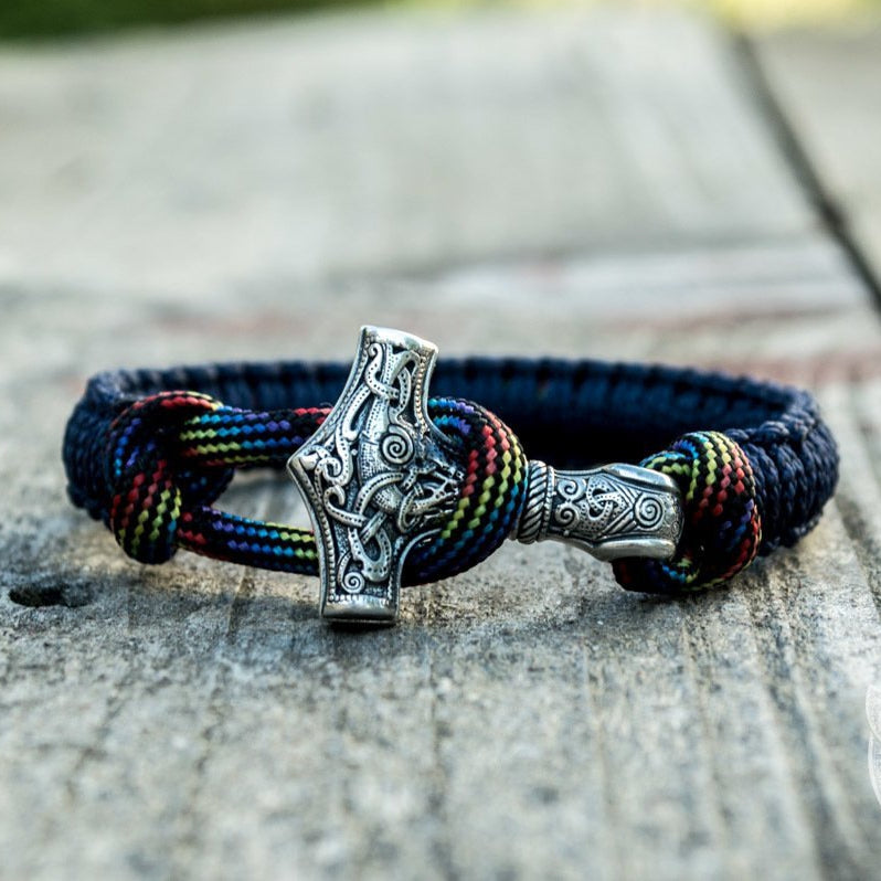 Armband mit Thors Hammer aus 925er Sterlingsilber, Paracord in Blau und Bunt – Ansicht 7