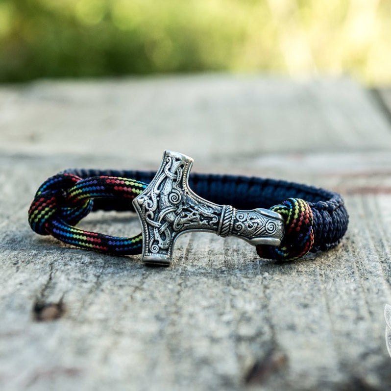 Armband mit Thors Hammer aus 925er Sterlingsilber, Paracord in Blau und Bunt – Ansicht 10