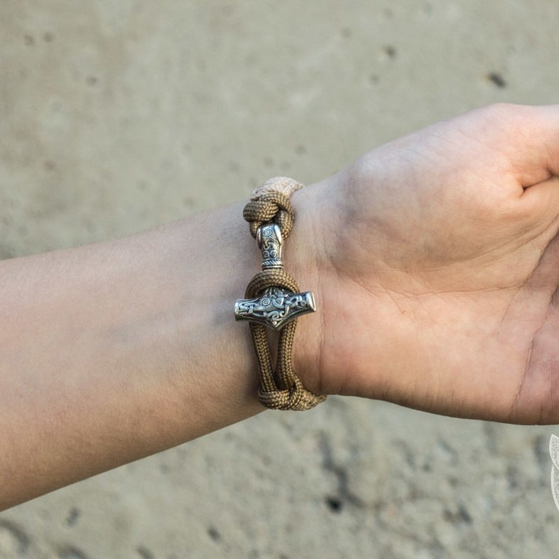 Thors Hammer Coyote with Olive Paracord 925 Sterling Silver Bracelet - VikingsBrand