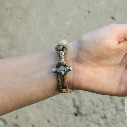 Thors Hammer Coyote with Olive Paracord 925 Sterling Silver Bracelet - VikingsBrand