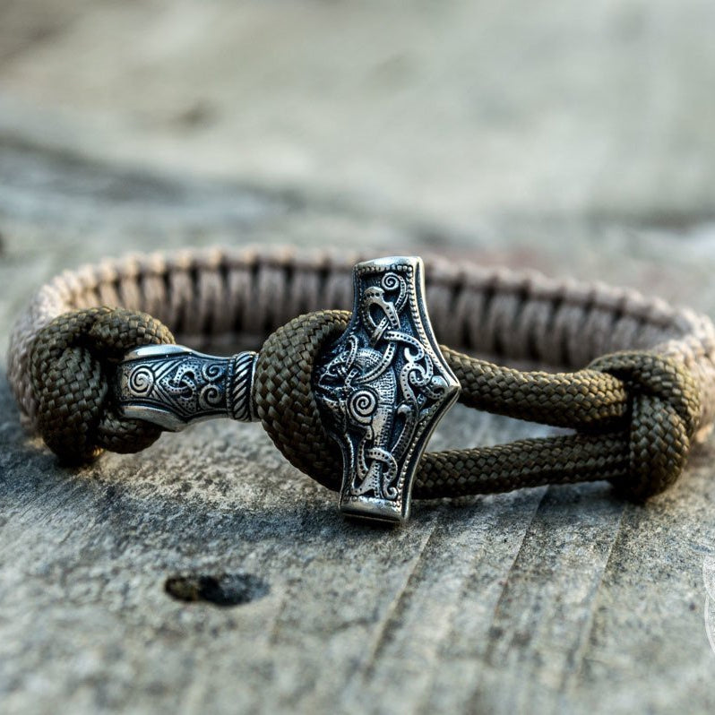 Thors Hammer Coyote with Olive Paracord 925 Sterling Silver Bracelet - VikingsBrand
