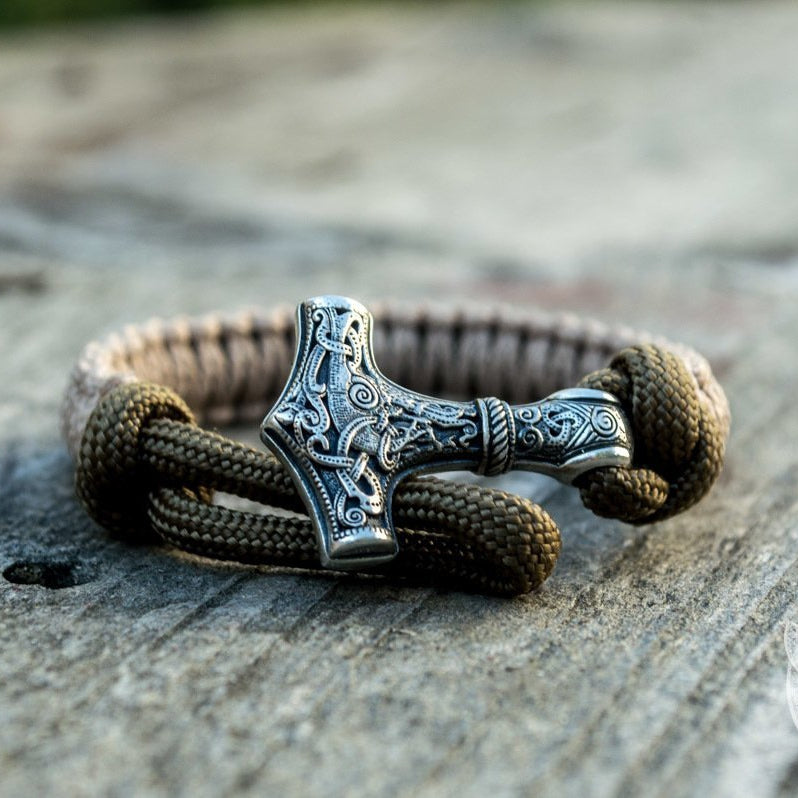 Thors Hammer Coyote with Olive Paracord 925 Sterling Silver Bracelet - VikingsBrand