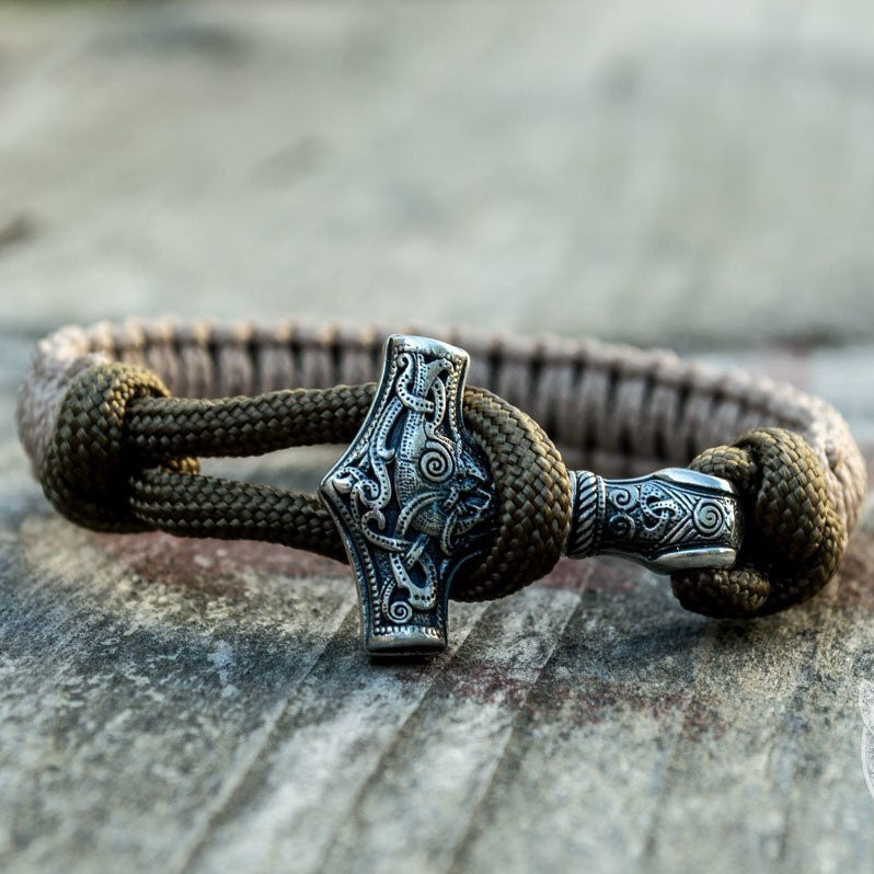 Thors Hammer Coyote with Olive Paracord 925 Sterling Silver Bracelet - VikingsBrand