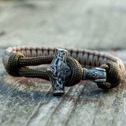 Thors Hammer Coyote with Olive Paracord 925 Sterling Silver Bracelet - VikingsBrand