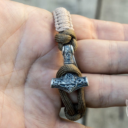 Thors Hammer Coyote with Olive Paracord 925 Sterling Silver Bracelet - VikingsBrand