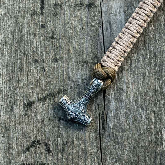 Thors Hammer Coyote with Olive Paracord 925 Sterling Silver Bracelet - VikingsBrand