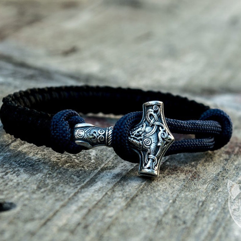 Thors Hammer Dark Blue with Black Paracord 925 Sterling Silver Bracelet - VikingsBrand