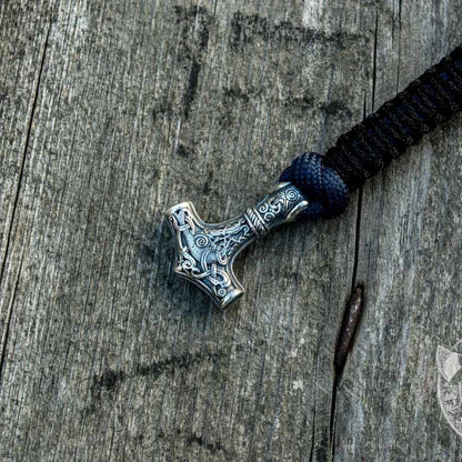 Thors Hammer Dark Blue with Black Paracord 925 Sterling Silver Bracelet - VikingsBrand