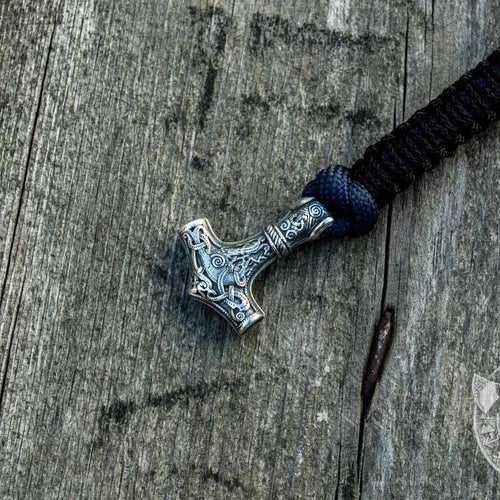925 sterling silver Thor's Hammer bracelet, dark blue and black paracord