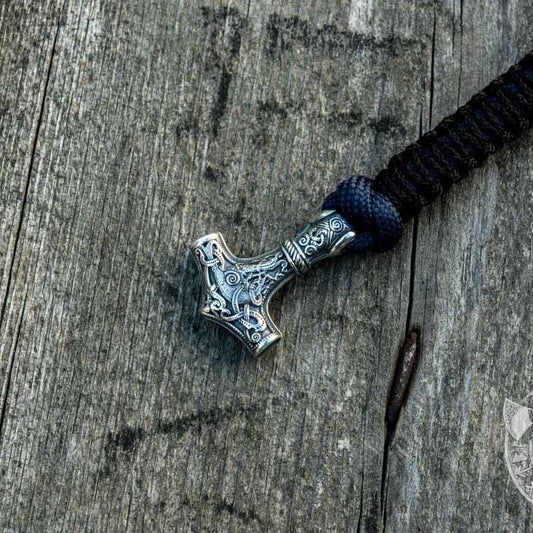 Thors Hammer Dark Blue with Black Paracord 925 Sterling Silver Bracelet - VikingsBrand