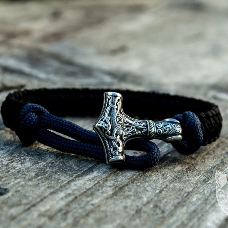 Thors Hammer Dark Blue with Black Paracord 925 Sterling Silver Bracelet - VikingsBrand