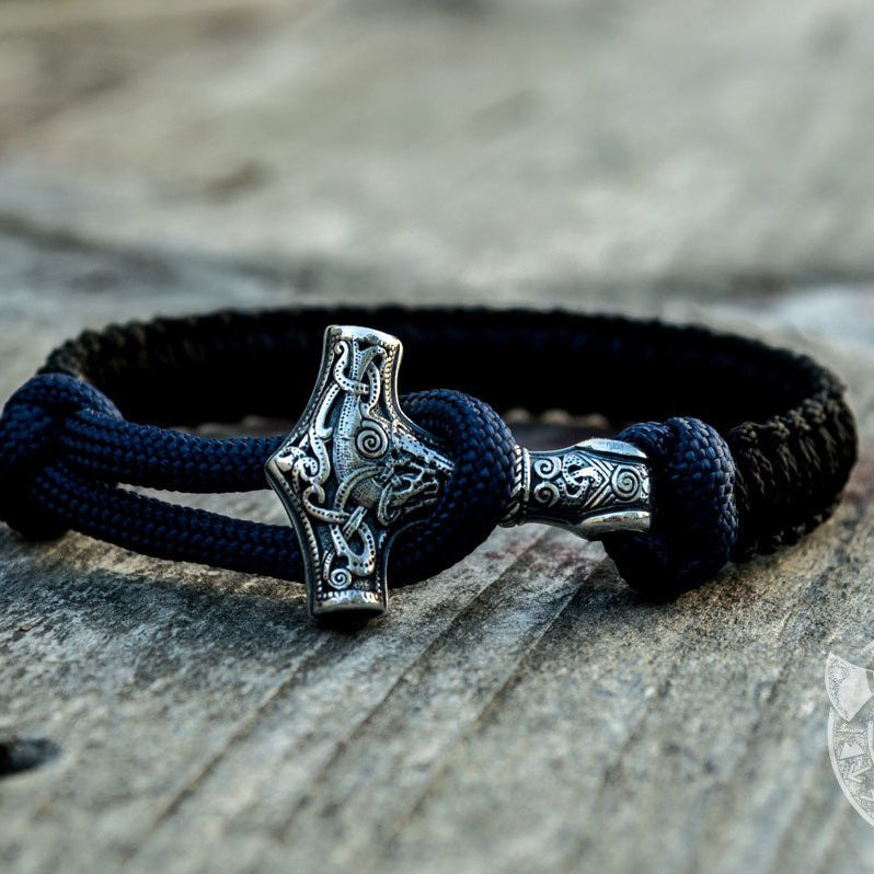 Thors Hammer Dark Blue with Black Paracord 925 Sterling Silver Bracelet - VikingsBrand
