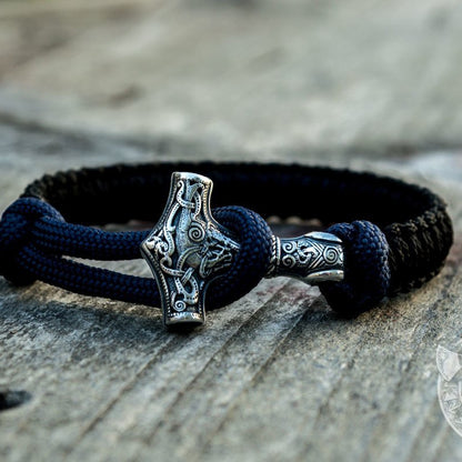 Thors Hammer Dark Blue with Black Paracord 925 Sterling Silver Bracelet - VikingsBrand