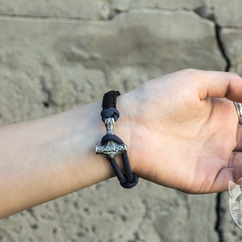 Thors Hammer Dark Blue with Black Paracord 925 Sterling Silver Bracelet - VikingsBrand