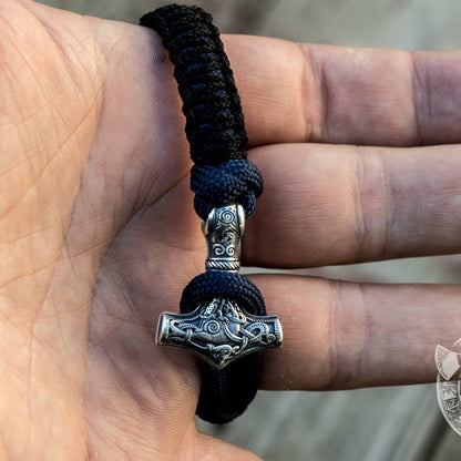 Thors Hammer Dark Blue with Black Paracord 925 Sterling Silver Bracelet - VikingsBrand