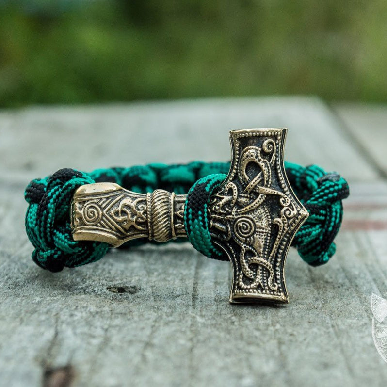 Thors Hammer Green Paracord Bronze Bracelet - VikingsBrand