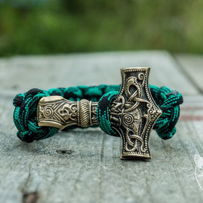 Thors Hammer Green Paracord Bronze Bracelet - VikingsBrand