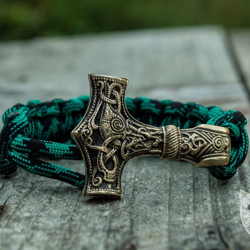 Thors Hammer Green Paracord Bronze Bracelet - VikingsBrand