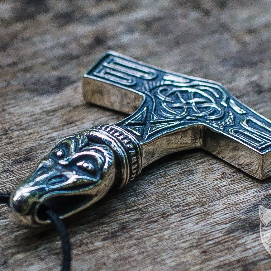Thor's Hammer Mjolnir with Raven 925 Sterling Silver Pendant - VikingsBrand
