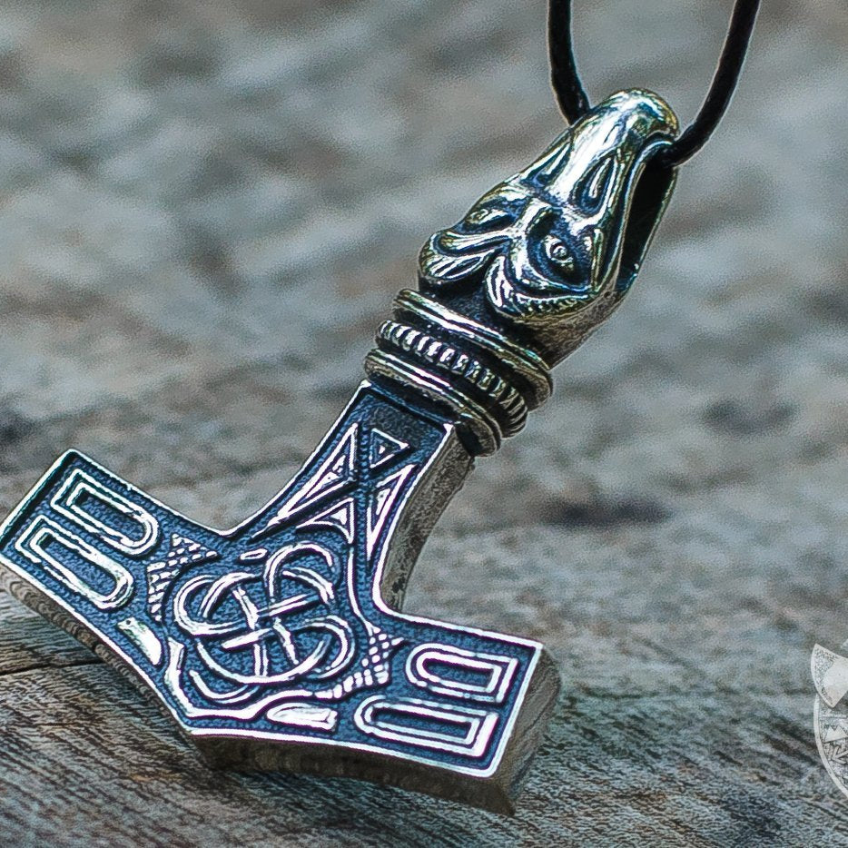 Thor's Hammer Mjolnir with Raven 925 Sterling Silver Pendant - VikingsBrand