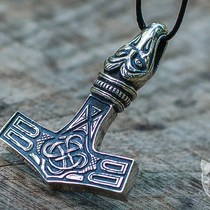Thor's Hammer Mjolnir with Raven 925 Sterling Silver Pendant - VikingsBrand