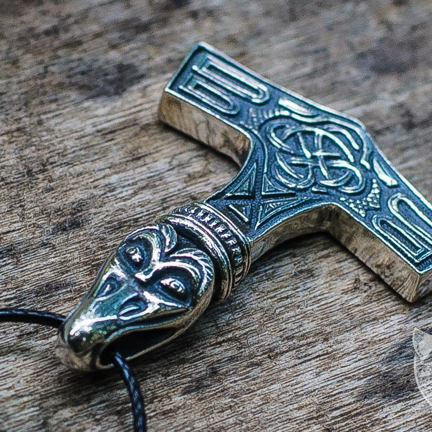 Thor's Hammer Mjolnir with Raven 925 Sterling Silver Pendant - VikingsBrand