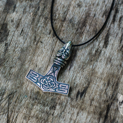 Thor's Hammer Mjolnir with Raven 925 Sterling Silver Pendant - VikingsBrand