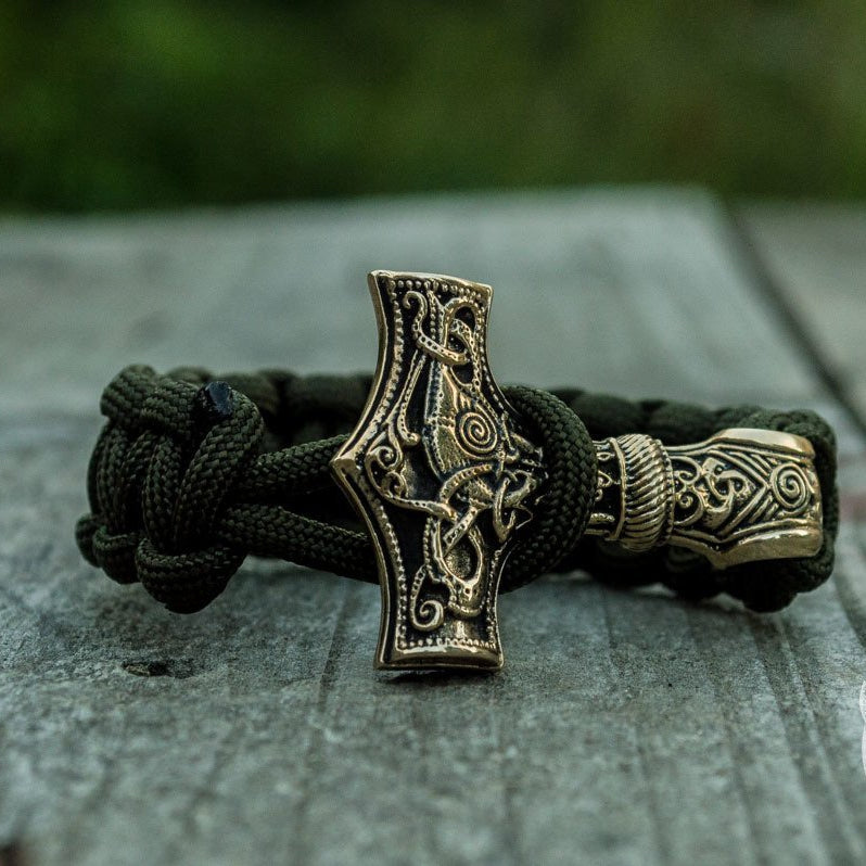 Thors Hammer Olive Paracord Bronze Bracelet - VikingsBrand