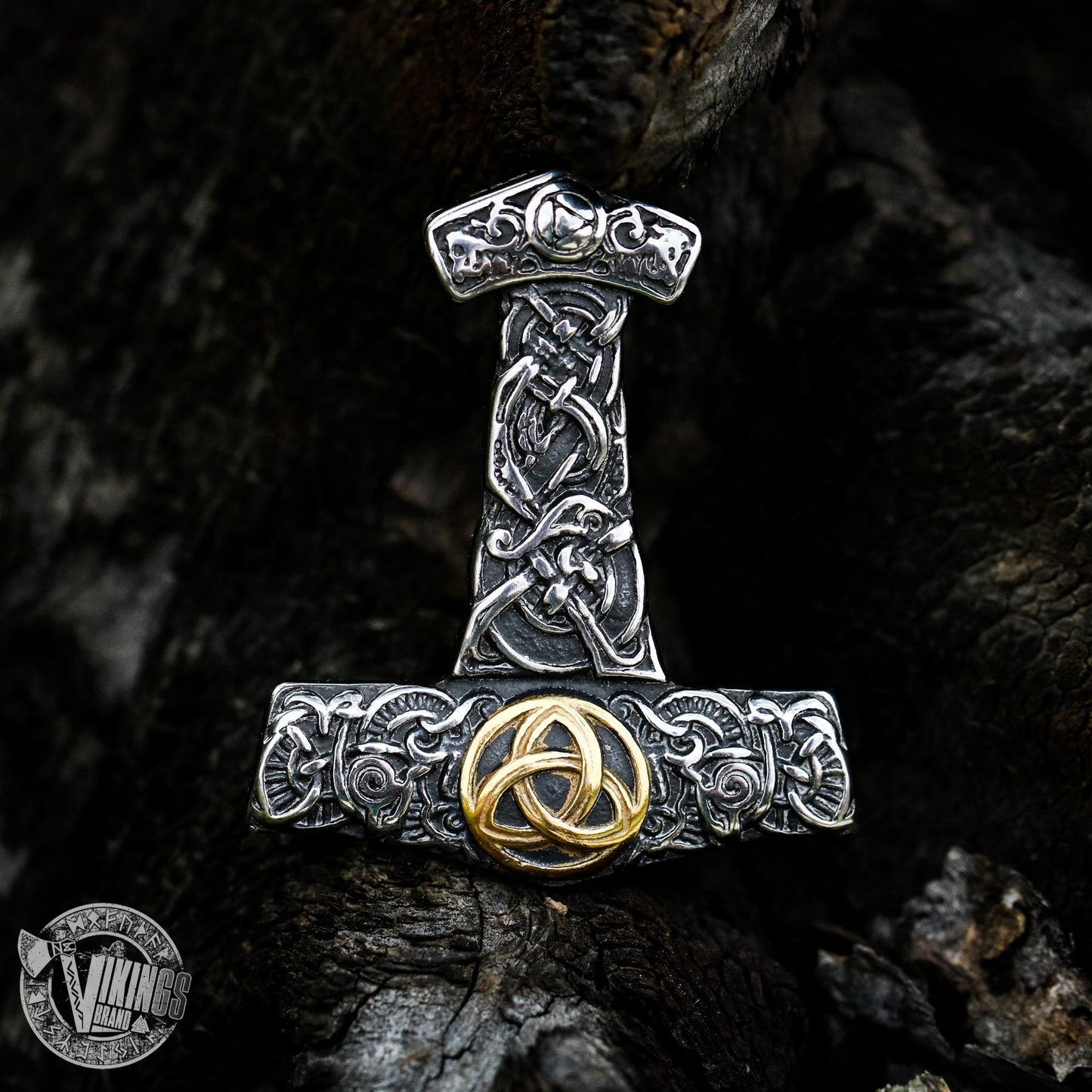 Thor's Hammer Pendant with Golden Trinity - VikingsBrand
