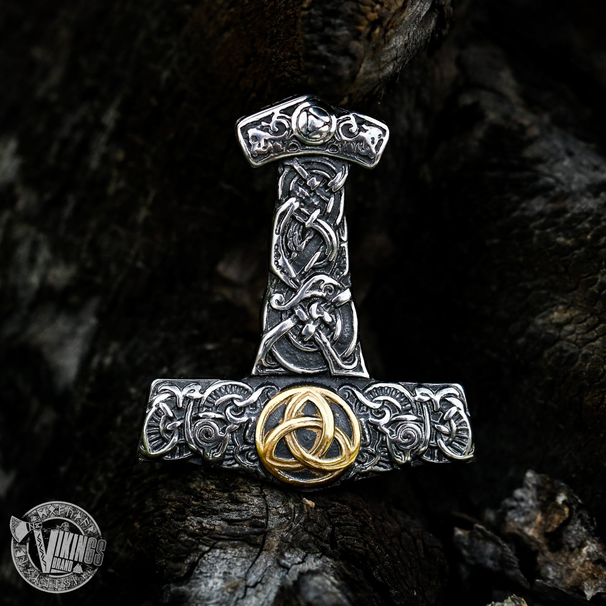 Thor's Hammer Pendant with Golden Trinity - VikingsBrand