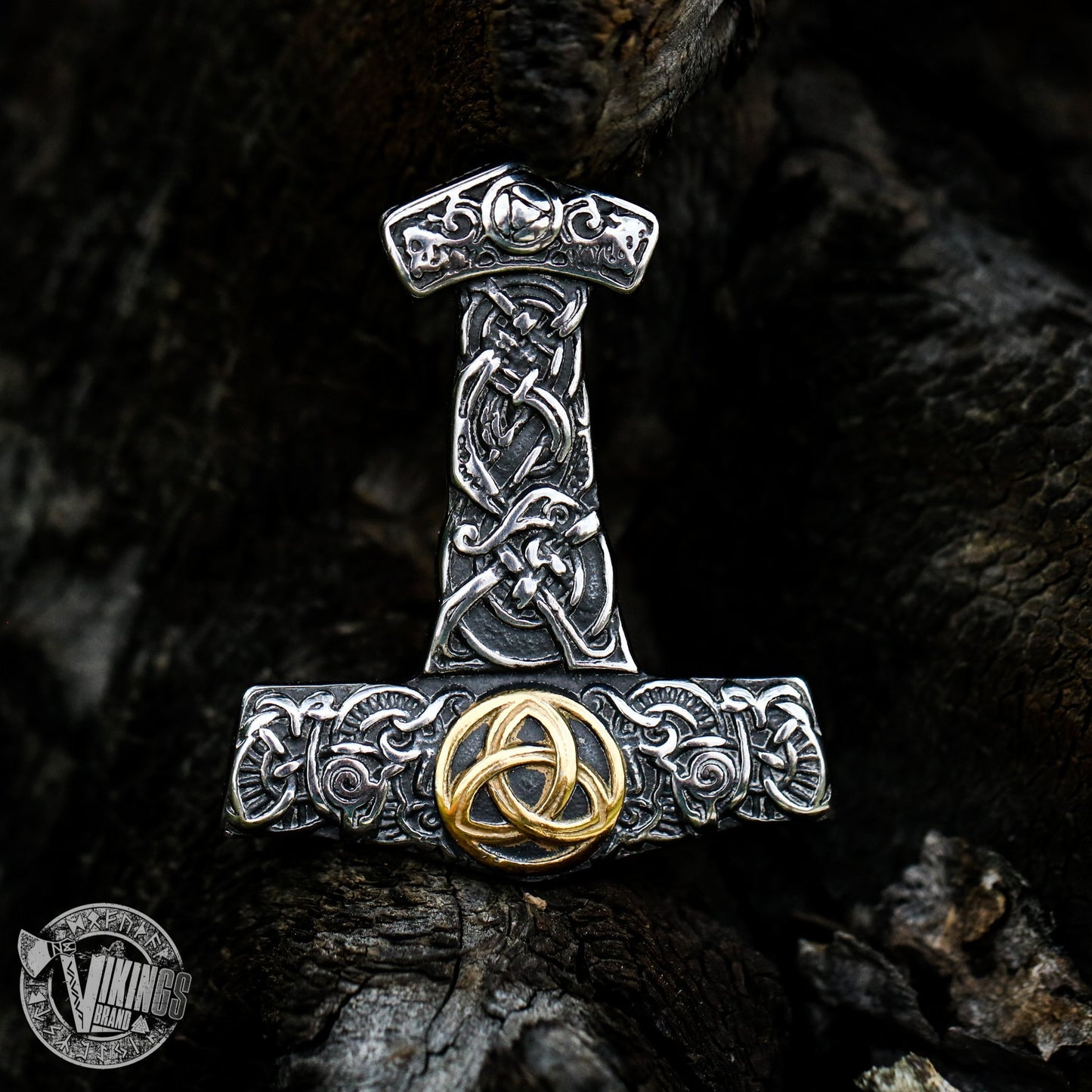 Thor's Hammer Pendant with Golden Trinity - VikingsBrand