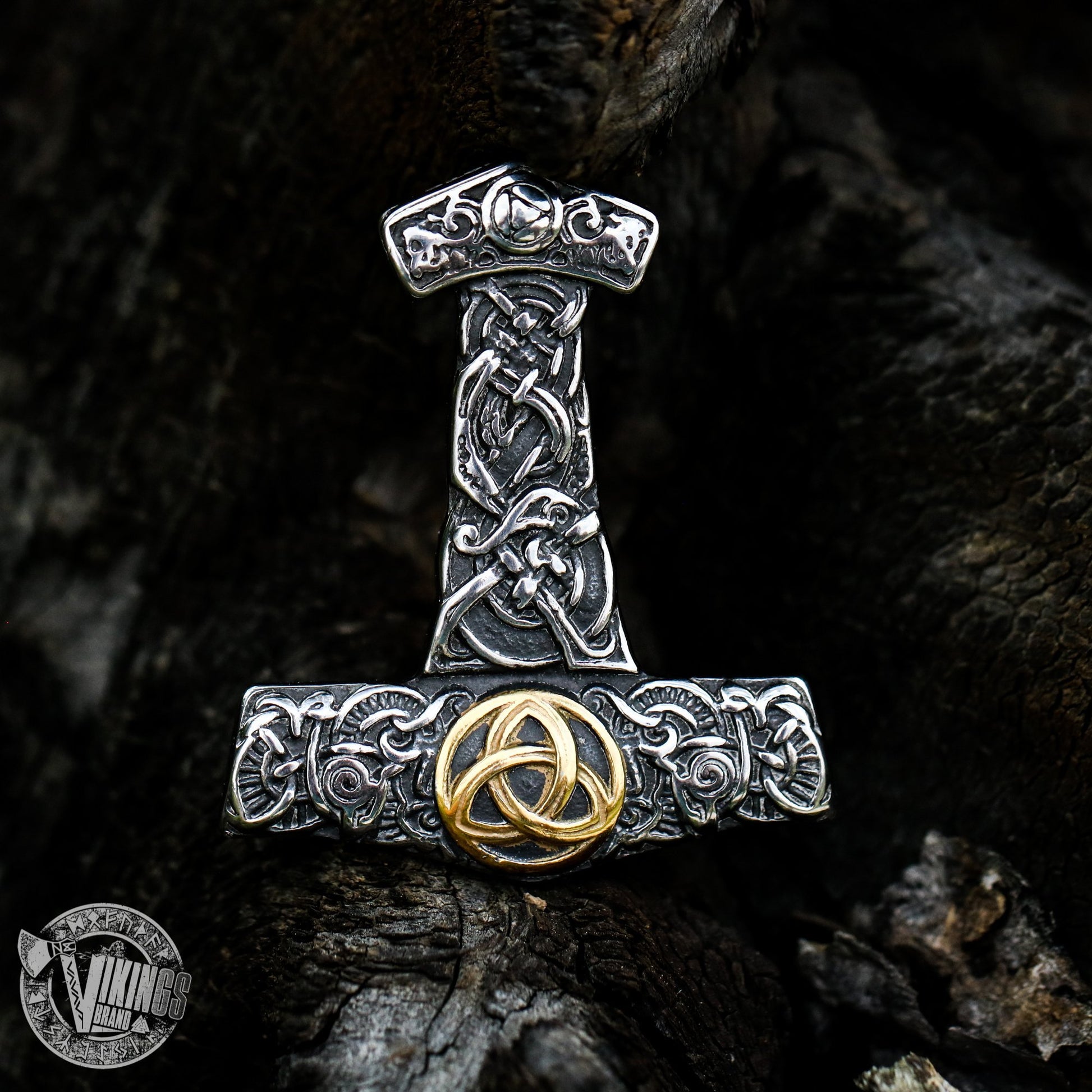 Thor's Hammer Pendant with Golden Trinity - VikingsBrand