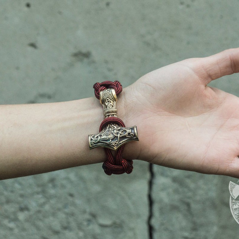 Thors Hammer Red Paracord Bronze Bracelet - VikingsBrand