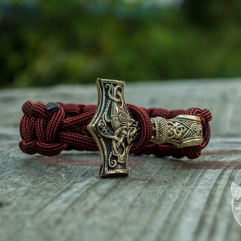 Thors Hammer Red Paracord Bronze Bracelet - VikingsBrand