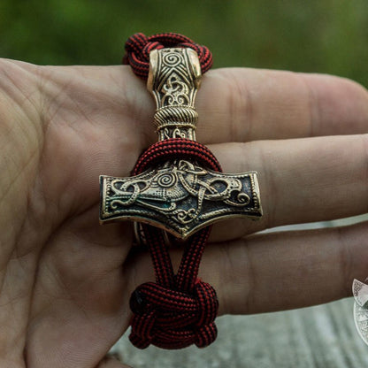 Thors Hammer Red Paracord Bronze Bracelet - VikingsBrand